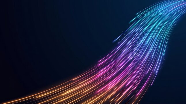 Colorful fiber optic lights create dynamic streaks against a dark backdrop, evoking a sense of fast-paced digital technology.