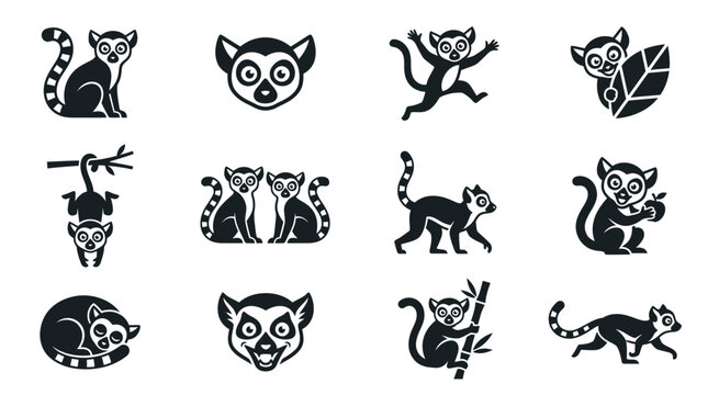Lemur icons set black white.