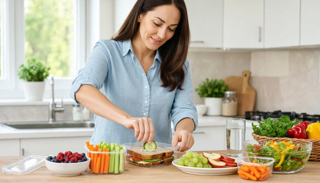 A woman assembles a fresh vegetable and fruit lunch on a kitchen counter. The scene shows colorful produce and meal prep in a bright modern kitchen with natural light.