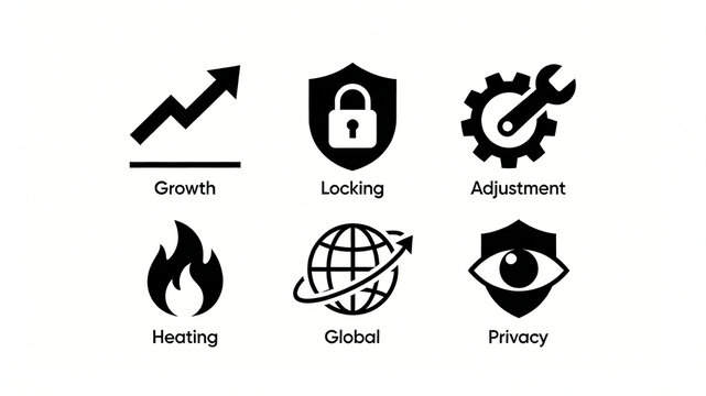 A set of common function icons arranged neatly, covering practical attributes such as growth, locking, debugging, heating, globalization, and privacy protection
