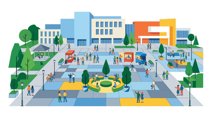 Fototapeta premium Urban plaza with people enjoying outdoor activities, food stalls, and modern architecture