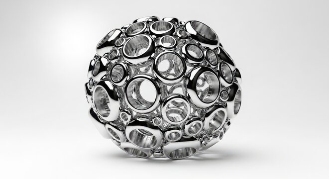 Abstract chrome sphere made of multiple connected circles and metallic round rings