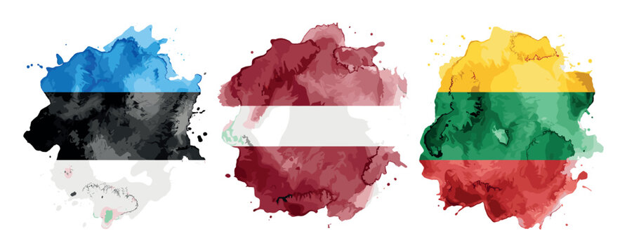 Watercolor baltic states flags creating paint splashes