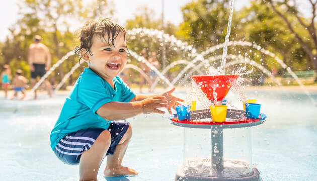 Child plays with water at a splash pad on a sunny day, enjoying the water features and fun activities