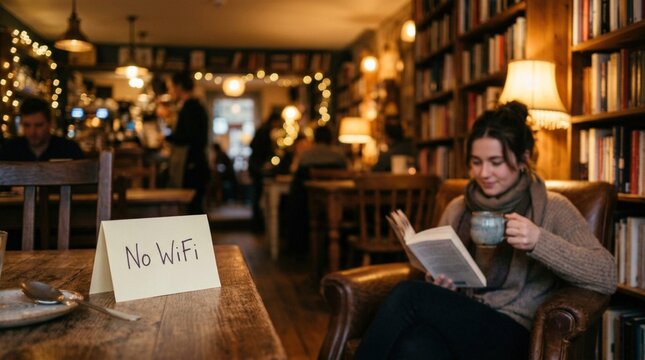 Young woman reading a book while sitting in a cozy cafe with warm lighting, wooden furniture, and a sign indicating no WiFi in the foreground