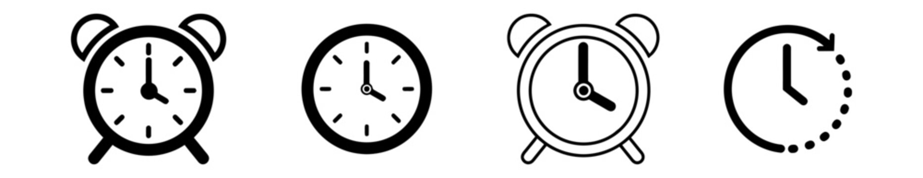 Set of four alarm clock and circular time icons in black and white for time management and scheduling
