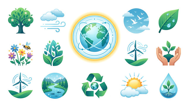 Ecology and Sustainability Icon Set with Earth and Renewable Energy