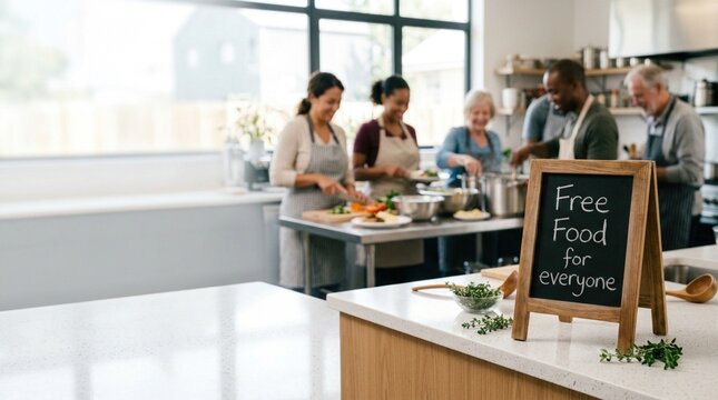 Group of diverse individuals preparing meals in a modern kitchen with a chalkboard sign reading Free Food for Everyone, showcasing a community cooking initiative