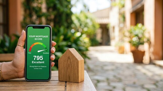 Hand holding smartphone displaying mortgage score with green background, wooden house model on table, outdoor setting with plants and stone pathway visible