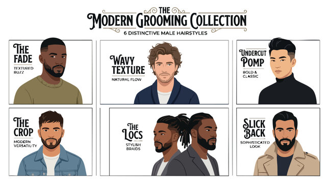 Diverse men showcasing modern hairstyles and grooming styles from the modern grooming collection for distinctive male looks