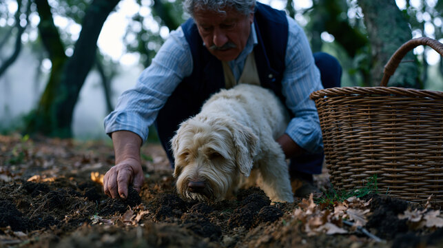 Truffle hunter crouching in oak forest as trained Lagotto Romagnolo dog paws at mosty soil, woven basket beside man, morning mist through trees, rural Italy, seasonal gourmet ingredient wild harvest