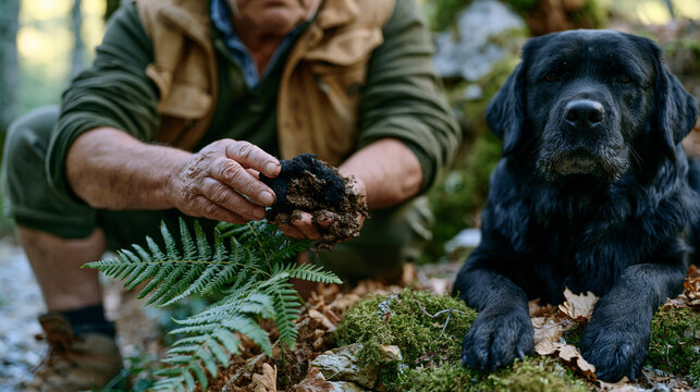 Truffle hunter wiping mud from prized black truffle held up to forest light, dog sitting alert beside him, woodland harvest morning gourmet food luxury ingredient restaurant supply chain .ultra phot