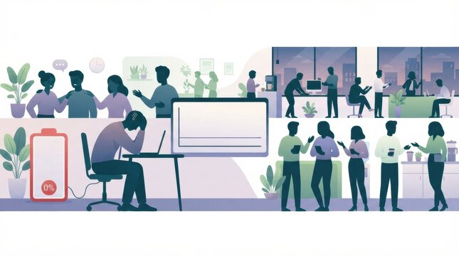 In a corporate office setting, employees are engaging in discussions about mental health, stress, and burnout while working together.