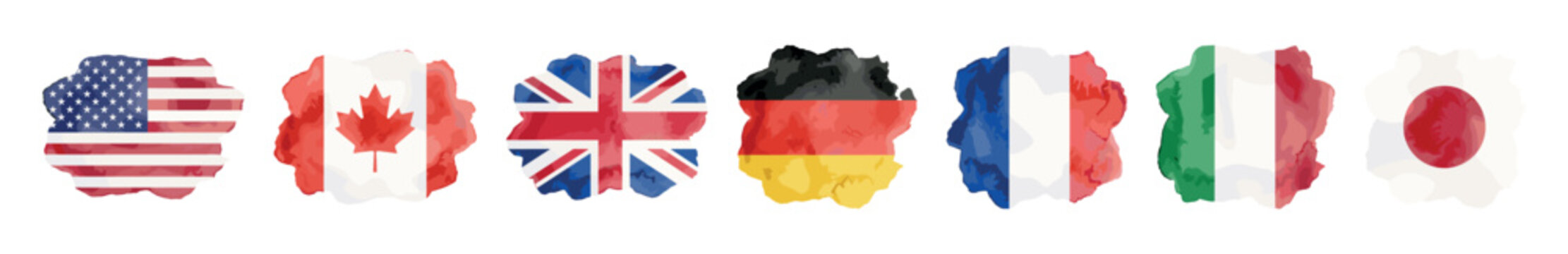 G7 leading countries flags in watercolor style blobs