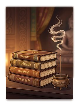 Stack of ancient religious scriptures and burning incense stick