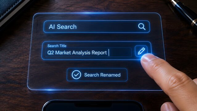 Ai powered search interface with market analysis report renaming on smartphone display
