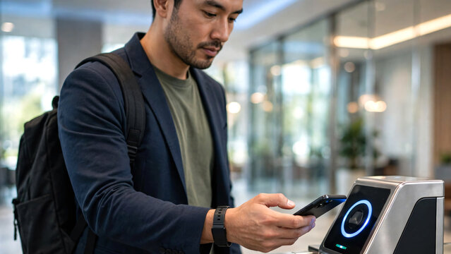 A business professional in Casual wear entering a high-tech office building by tapping a smartphone equipped with NFC technology against a secure turnstile access system. 