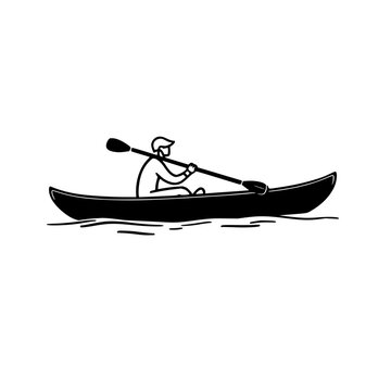 Minimalist pictogram of a person in a canoe with a paddle, water recreation symbol, heavy bold lines, white background. set with simple line art design featuring line art, illustrations, graphic re...