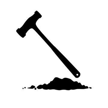 Solid black silhouette of a heavy sledgehammer, demolition and construction theme, clean sharp edges, white background. set with simple line art design featuring sketches, drawings, vector graphics...