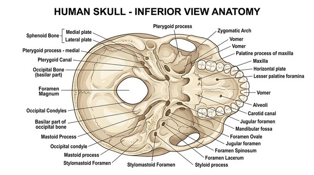 Human skull inferior view anatomical diagram.