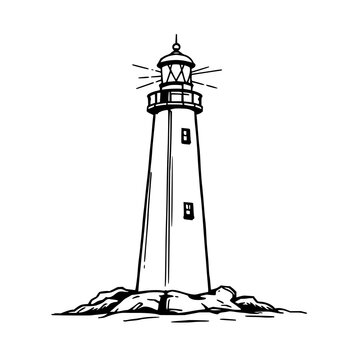 55. Detailed woodcut style illustration of a lighthouse with light beams, nautical safety theme, black ink, white background. set with simple line art design featuring simple design, minimalist, bl...