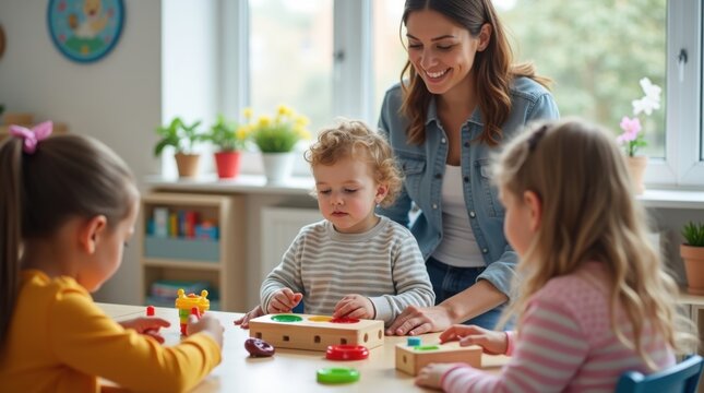 Ni&ntilde;o que utiliza herramientas de aprendizaje sensorial mientras participa con sus compa&ntilde;eros de clase