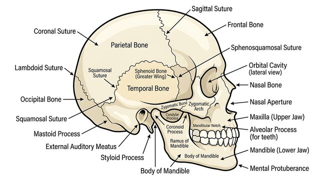 Detailed anatomical diagram of human skull bones.