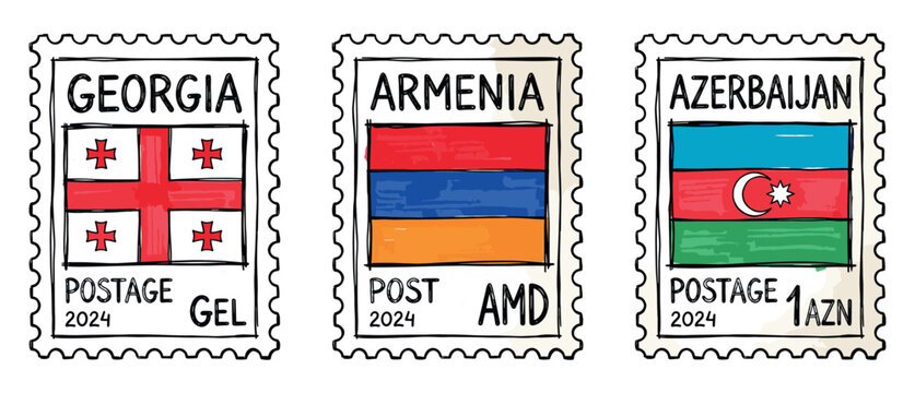 Hand drawing postage stamps featuring Georgia Armenia Azerbaijan