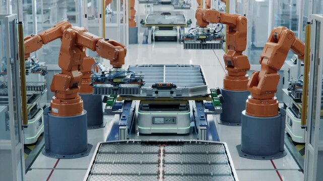 Row of Robotic Arms inside Bright Plant Assemble Batteries for Automotive Industry. EV Battery Pack Automated Production Line.
