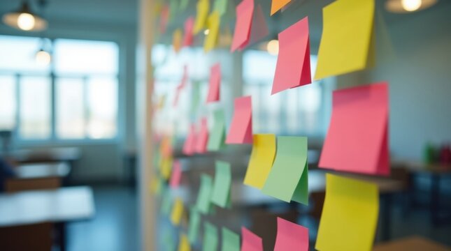 Notas adhesivas en blanco de colores y rotuladores en un aula moderna