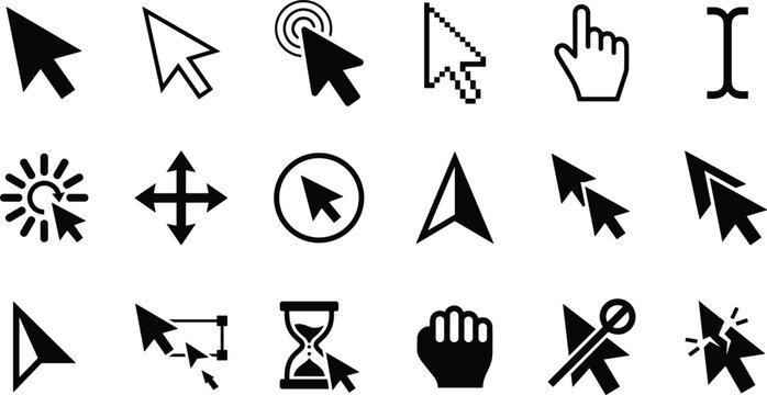 Collection of minimalist mouse cursor and arrow pointer icons for computer interface concept vectors