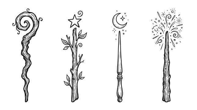 Hand drawn mystical magic wands and wizard staffs with stars moon and sparkles in black and white line art, perfect for fantasy book illustrations, occult graphic design and branding