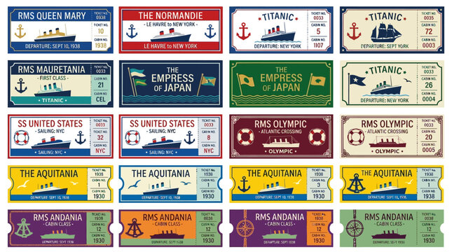 Vintage Ocean Liner Tickets Collection - RMS Queen Mary, Normandie, Titanic
