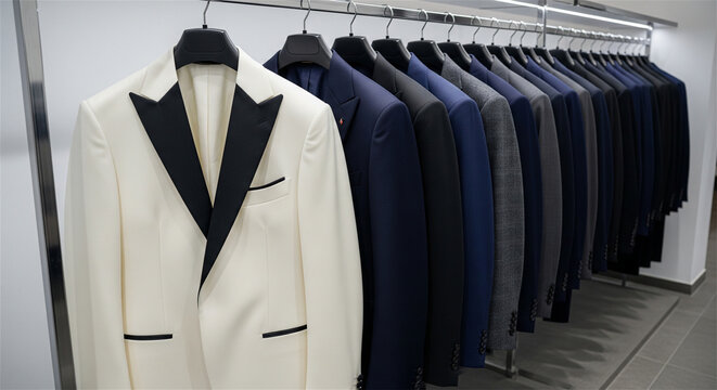 Elegant men's suits hanging on a retail rack, luxury ivory tuxedo with black lapels, premium formal wear display in a boutique shop