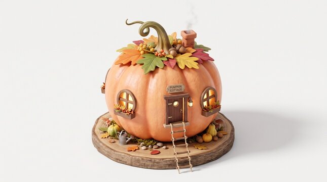 A lovely 3D isometric view of a whimsical miniature house built inside a pastel orange pumpkin, featuring glowing tiny windows on a clean white studio background.