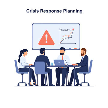 Crisis response planning team addressing warning and charts.