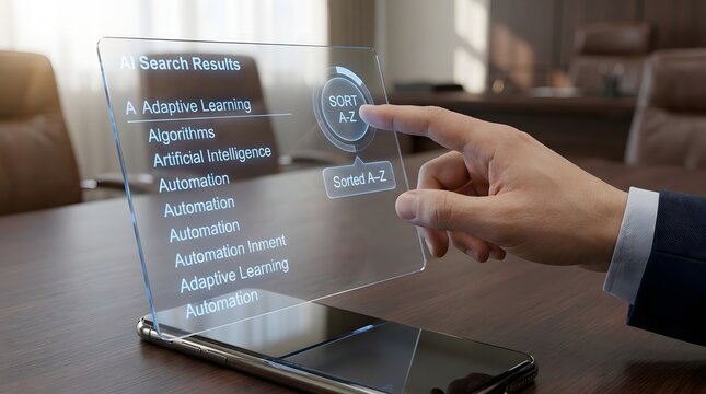 Ai search results displayed on hologram above smartphone artificial intelligence concept
