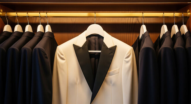 Elegant white tuxedo jacket hanging in luxury closet, premium mens formal wear suits on hangers, bespoke tailoring boutique display