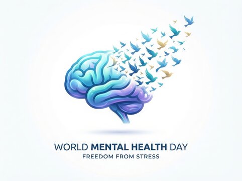 Conceptual brain dissolving into flying birds representing mental health awareness and stress release with abstract