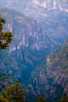 River between mountains and ravines seen from the heights, in the forest of the Sierra Madre Occidental, in Mexiquillo, Durango 