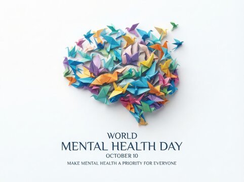World mental health day brain composed of colorful origami birds symbolizing freedom and mindfulness with colorful