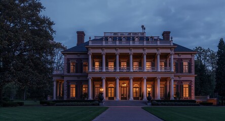 Obraz premium Realistic image of historic mansion fa?ade with grand columns ornate balconies manicured � Professional Stock Photography Concept for Commercial and Marketing Use