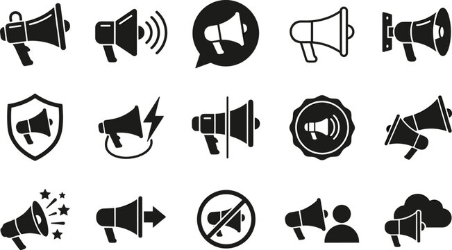 Set of megaphone and loudspeaker icons representing marketing promotion public announcement and sound broadcasting concept design.