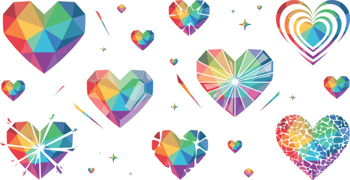Abstract rainbow crystal hearts vector set with low poly geometric facets and glittering stars isolated on white background
