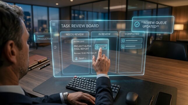 Futuristic project management interface with ai review tools and task tracking