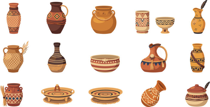 Ancient Native American tribal pottery vector icons set with traditional indigenous ceramic vases bowls jars and ethnic clay artifacts