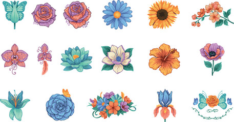 Beautiful watercolor botanical flowers collection with colorful sunflower rose orchid lily hibiscus daisy and butterfly clip art elements vector set © Md
