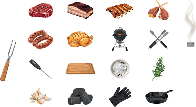 Barbecue grill picnic vector elements set with raw meat steak ribs chicken sausage charcoal tongs kettle barbecue and cooking tools