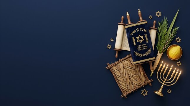 Jewish holiday symbols including Torah scrolls menorah and lulav on blue