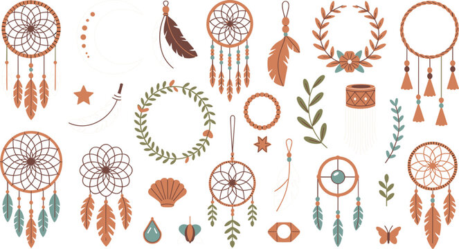 Bohemian dream catcher icons collection featuring feathers beads floral wreaths and spiritual ethnic symbols